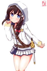 Rule 34 | 1girl, artist logo, belt, black hair, blue eyes, braid, commentary request, cosplay, cowboy shot, dated, hair over shoulder, highres, historical name connection, hood, hooded jacket, jacket, kanon (kurogane knights), kantai collection, long hair, looking at viewer, name connection, pleated skirt, revision, shigure (kancolle), shigure (warship girls r), shigure (zhan jian shao nyu) (cosplay), simple background, single braid, skirt, smile, solo, strap, sword, warship girls r, weapon, white background, white hood, white jacket, white skirt