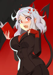 Rule 34 | 1girl, black horns, black suit, black tail, blush, book, breasts, demon girl, demon horns, demon tail, formal, heart, heart-shaped pupils, helltaker, highres, holding, holding book, horns, large breasts, looking at viewer, modeus (helltaker), ocarino, open mouth, red sweater, ribbed sweater, short hair, simple background, skirt, skirt suit, sleeves past wrists, solo, suit, sweater, symbol-shaped pupils, tail