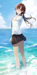 Rule 34 | 1girl, bare legs, beach, blue eyes, blue sky, brown hair, cloud, collared shirt, day, floating hair, glasses, goomrrat, green necktie, grin, hand up, highres, long hair, low twintails, makinami mari illustrious, miniskirt, necktie, neon genesis evangelion, ocean, outdoors, parted lips, plaid, plaid skirt, rebuild of evangelion, shirt, skirt, sky, smile, solo, thighs, twintails, wading, white shirt