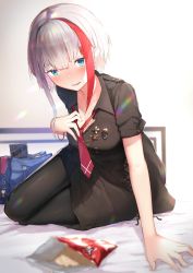 Rule 34 | 1girl, absurdres, admiral graf spee (azur lane), admiral graf spee (girl&#039;s sunday) (azur lane), alternate costume, arm support, azur lane, bag, bed, bed sheet, black dress, black pantyhose, blue eyes, blunt bangs, blush, bracelet, breasts, casual, dress, hand on own chest, highres, isaka wasabi, jewelry, looking at viewer, medal, multicolored hair, necktie, open mouth, pantyhose, red hair, red necktie, short hair, short sleeves, sidelocks, silver hair, sitting, skindentation, small breasts, smile, solo, streaked hair, tearing up