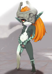 Rule 34 | 1girl, bad id, bad pixiv id, bar censor, barefoot, black skin, breasts, censored, colored sclera, colored skin, dark nipples, fake horns, fangs, full body, has uncensored version, helmet, highres, horned helmet, horns, j7w, long hair, midna, multicolored skin, navel, neon trim, nintendo, nipples, nude, one eye covered, orange hair, pointless censoring, pointy ears, pussy, red eyes, small breasts, solo, spread pussy, standing, sweat, the legend of zelda, the legend of zelda: twilight princess, tiptoes, toes, two-tone skin, white skin, yellow sclera