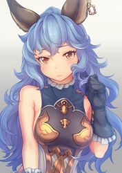 Rule 34 | 1girl, animal ears, bad id, bad pixiv id, bare shoulders, black gloves, blue hair, blush, breasts, brown eyes, closed mouth, earrings, erune, ferry (granblue fantasy), frilled gloves, frills, gloves, granblue fantasy, hair between eyes, hand up, highres, hoop earrings, jewelry, lips, long hair, looking at viewer, medium breasts, poroze, sideboob, simple background, single earring, solo, upper body, wavy hair