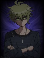 Rule 34 | 1boy, amami rantaro, antenna hair, artist name, closed mouth, collarbone, crossed arms, danganronpa (series), danganronpa v3: killing harmony, earrings, green eyes, hair between eyes, jewelry, male focus, messy hair, multicolored background, necklace, shirt, short hair, solo, striped clothes, striped shirt, suiren yurei, upper body