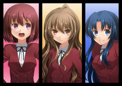Rule 34 | 3girls, aisaka taiga, blue hair, brown hair, kawashima ami, kushieda minori, long hair, multiple girls, red hair, short hair, toradora!