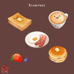 Rule 34 | artist logo, bread, bread slice, brown background, butter, coffee, coffee mug, cup, egg (food), food, food focus, fried egg, heart, highres, latte art, meat, mug, no humans, original, pancake, pancake stack, sausage, toast, yuki00yo