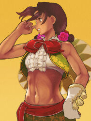 Rule 34 | 1girl, bare shoulders, brown hair, crop top, dark-skinned female, dark skin, flower, gloves, green vest, hair flower, hair ornament, hat, highres, lily hawk, mexican clothes, midriff, official alternate costume, official alternate hairstyle, print vest, smile, solo, sombrero, street fighter, street fighter 6, vest, white gloves, yellow background, yuenibushi