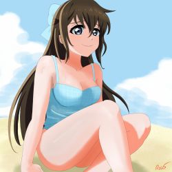 Rule 34 | 1girl, aqua bow, aqua eyes, aqua one-piece swimsuit, artist name, artist request, bare legs, bare shoulders, beach, blue eyes, blue sky, blush, bow, breasts, brown hair, cleavage, cloud, collarbone, day, feet out of frame, female focus, hair between eyes, highres, knees up, long hair, looking at viewer, love live!, love live! nijigasaki high school idol club, medium breasts, osaka shizuku, outdoors, parted lips, ponytail, sitting, sky, smile, solo, swimsuit, worried