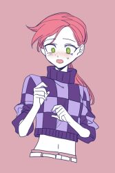 Rule 34 | 1boy, blush, checkered clothes, commentary request, cropped sweater, cropped torso, freckles, green eyes, jojo no kimyou na bouken, long hair, male focus, midriff, navel, open mouth, pink background, pink hair, ponytail, sempon (doppio note), solo, sweatdrop, sweater, turtleneck, turtleneck sweater, upper body, vento aureo, vinegar doppio