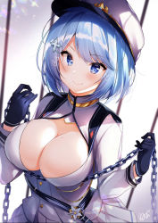 Rule 34 | 1girl, artist name, azur lane, blue eyes, blue gloves, blue hair, blush, breasts, chain, chapayev (azur lane), cleavage, cleavage cutout, clothing cutout, commentary request, gloves, hair ornament, hairclip, hands up, hat, holding, holding chain, jacket, large breasts, long sleeves, looking at viewer, mole, mole on breast, nenobi (nenorium), peaked cap, pleated skirt, short hair, signature, skirt, smile, solo, translated, upper body, white hat, white jacket, white skirt