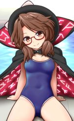 Rule 34 | 1girl, alternate costume, arm support, black hat, blush, bow, breasts, brown eyes, brown hair, cape, clothes writing, competition school swimsuit, covered navel, glasses, hat, hat bow, katou kaiou, looking at viewer, low twintails, one-piece swimsuit, pool, red-framed eyewear, school swimsuit, semi-rimless eyewear, short hair, small breasts, smile, solo, swimsuit, touhou, twintails, under-rim eyewear, usami sumireko, white bow