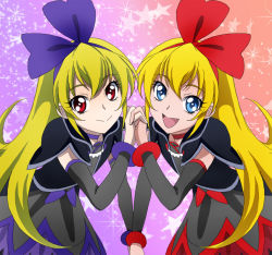 Rule 34 | 2girls, :d, blonde hair, blue eyes, blue ribbon, bow, dokidoki! precure, dual persona, eyelashes, gradient background, hair bow, holding hands, long hair, looking at viewer, masako (sabotage-mode), multicolored background, multiple girls, open mouth, precure, red eyes, red ribbon, regina (dokidoki! precure), ribbon, smile, star (symbol), starry background, symmetrical hand pose, symmetry