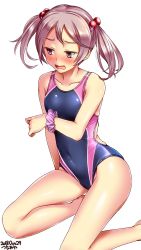 Rule 34 | 1girl, black one-piece swimsuit, commentary request, competition swimsuit, covered navel, embarrassed, feet out of frame, hair bobbles, hair ornament, highres, kantai collection, one-piece swimsuit, open mouth, pink eyes, pink hair, purple scrunchie, sazanami (kancolle), scrunchie, short hair, simple background, sitting, solo, swimsuit, tsuchimiya, twintails, white background, wrist scrunchie, yokozuwari