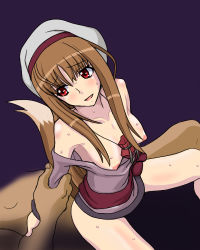 Rule 34 | 00s, 1boy, 1girl, animal ears, arm grab, bottomless, breasts, brown hair, cl-55, girl on top, holo, implied sex, long hair, lowres, nipples, no bra, red eyes, sex, small breasts, solo focus, spice and wolf, sweat, tail, wolf ears, wolf tail