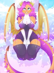 Rule 34 | 1girl, colored skin, dollachan, dragon, dress, furry, glasses, gloves, green eyes, highres, horns, kneeling, moon, orange skin, pink hair, sparkle, spiked tail, spots, tail, wings
