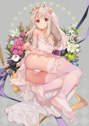 Rule 34 | 1girl, alternate costume, ass, bare shoulders, breasts, bridal gauntlets, bridal veil, bride, clothes lift, collarbone, commentary request, dress, elbow gloves, fate/kaleid liner prisma illya, fate (series), feet, floral print, flower, full body, garter straps, gloves, highres, illyasviel von einzbern, lingerie, long hair, looking at viewer, lying, no shoes, on side, oneko, red eyes, rose print, see-through, sidelocks, small breasts, smile, soles, solo, strapless, strapless dress, thighhighs, thighs, toes, underwear, veil, wedding dress, white dress, white flower, white gloves, white hair, white thighhighs