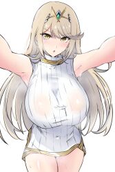 Rule 34 | 1girl, absurdres, blonde hair, breasts, highres, large breasts, latte, mythra (xenoblade), simple background, sweat, white background, xenoblade chronicles (series), xenoblade chronicles 2, xenoblade chronicles 3, yellow eyes
