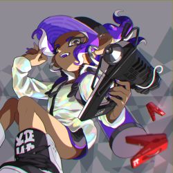 Rule 34 | 1girl, absurdres, baseball cap, black footwear, black hat, black shorts, blurry, blurry foreground, clothes pin, colored tongue, dark-skinned female, dark skin, depth of field, dolphin shorts, earrings, fang, floating, glooga dualies (splatoon), grey eyes, hat, high tops, highres, holding, holding weapon, hoop earrings, ink tank (splatoon), jacket, jewelry, long hair, looking at viewer, nail polish, nintendo, octoling, octoling girl, octoling player character, open mouth, otoboke-san, purple hair, purple nails, purple tongue, shoes, short ponytail, short shorts, shorts, sneakers, solo, splatoon (series), splatoon 2, suction cups, tentacle hair, weapon, white jacket