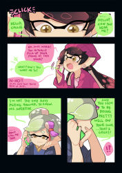 Rule 34 | !?, + +, 2girls, alternate costume, beanie, black hair, black kimono, blush, brown eyes, callie (splatoon), casual, cellphone, closed mouth, cousins, earrings, english text, eyes visible through hair, gomipomi, grey hair, hair ornament, hat, head rest, highres, holding, holding phone, inkling, jacket, japanese clothes, jewelry, kimono, light smile, long hair, long sleeves, marie (splatoon), mask, mole, mole under eye, multiple girls, nintendo, open clothes, open jacket, open mouth, parted lips, phone, pink shirt, pointy ears, purple hat, purple jacket, shirt, short hair, sitting, smartphone, spoken interrobang, squidbeak splatoon, talking on phone, tentacle hair