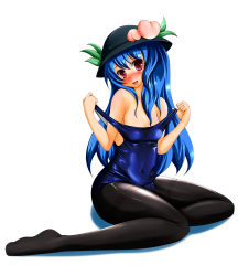 Rule 34 | 1girl, bad id, bad pixiv id, bare shoulders, black pantyhose, blue hair, blush, cameltoe, covered navel, female focus, food, fruit, hat, highres, hinanawi tenshi, impossible clothes, impossible swimsuit, long hair, navel, off shoulder, one-piece swimsuit, pantyhose, pantyhose under swimsuit, peach, purple eyes, school swimsuit, shiny clothes, sitting, skindentation, smile, solo, strap pull, swimsuit, tera hiroshi, thighband pantyhose, touhou, undressing