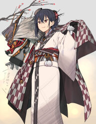 Rule 34 | 1girl, annin musou, black gloves, black hair, branch, commentary request, dragon, feet out of frame, gloves, hair bun, haregi, hat, headgear, highres, japanese clothes, kantai collection, kimono, long hair, nagato (kancolle), official alternate costume, official alternate hairstyle, red eyes, solo, white kimono, yagasuri