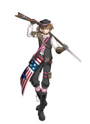 Rule 34 | 1boy, american flag, antique firearm, armor, belt, black footwear, black gloves, blonde hair, boots, buttons, capri pants, choker, cross-laced footwear, firearm, frown, full body, gauntlets, gloves, gun, hat, holding, holding gun, holding weapon, kentucky, kinoshita sakura, lace-up boots, male focus, military, military hat, military uniform, necktie, official art, pants, peaked cap, pink eyes, senjyushi: the thousand noble musketeers, short twintails, shoulder armor, single gauntlet, socks, solo, striped clothes, striped legwear, striped necktie, striped neckwear, striped socks, studded belt, thigh strap, transparent background, twintails, uniform, weapon