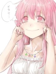 Rule 34 | 1girl, alternate costume, blush, face, forced smile, geppewi, hand on own cheek, hand on own face, hata no kokoro, jewelry, looking at viewer, nail polish, necklace, pink eyes, pink hair, ribbon-trimmed clothes, ribbon trim, simple background, sketch, smile, solo, tears, touhou, translated, white background