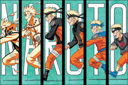 Rule 34 | 6+boys, age progression, blonde hair, character name, column lineup, copyright name, forehead protector, goggles, goggles on head, grin, headband, kishimoto masashi, male focus, multiple boys, multiple persona, naruto (series), naruto shippuuden, running, sequential, short hair, smile, spiked hair, text focus, uzumaki naruto, aged down