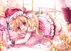 Rule 34 | 1girl, barefoot, bed, blonde hair, blush, curtains, fang, female focus, flandre scarlet, flower, hat, hat ribbon, indoors, legband, lying, on stomach, open mouth, petals, pillow, red eyes, ribbon, sakurano ru, short hair, side ponytail, smile, solo, touhou, window, wings, wrist cuffs