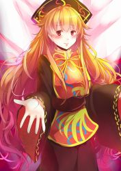 Rule 34 | 1girl, black dress, blonde hair, blush, breasts, chinese clothes, crescent, dress, energy, fox tail, hat, highres, junko (touhou), kanzakietc, long hair, long sleeves, multiple tails, orange hair, red eyes, sash, smile, solo, tabard, tail, touhou, very long hair, wide sleeves