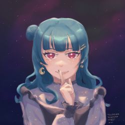 Rule 34 | 1girl, artist name, artist request, black sky, blue hair, blush, breasts, cloud, crescent, crescent earrings, dress, earrings, female focus, finger to mouth, frilled dress, frills, hair bun, hair ornament, hairclip, jewelry, long hair, long sleeves, looking at viewer, love live!, love live! sunshine!!, night, night sky, outdoors, parted lips, pink eyes, purple eyes, purple sky, side bun, single hair bun, sky, smile, solo, star (sky), star (symbol), star earrings, tsushima yoshiko, upper body
