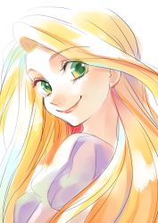 Rule 34 | 1girl, blonde hair, breasts, close-up, closed mouth, disney, dress, eyelashes, eyes visible through hair, green eyes, happy, head tilt, highres, juliet sleeves, lips, long hair, long sleeves, looking back, misoko, puffy sleeves, purple dress, rapunzel (disney), sideboob, simple background, small breasts, smile, solo, straight hair, tangled, upper body, very long hair, white background