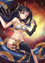 Rule 34 | &gt;:), 1girl, armlet, backlighting, barefoot, between fingers, bikini, black bikini, black bow, black hair, black legwear, bow, braid, breasts, bridal gauntlets, cleavage, closed mouth, collarbone, dated, detached collar, earrings, fate/grand order, fate (series), gem, hair bow, heavenly boat maanna, holding, hoop earrings, ishtar (fate), jewelry, long hair, looking at viewer, mismatched bikini, navel, red eyes, s86579450, signature, single braid, sitting, small breasts, smile, solo, space, strapless, strapless bikini, sun, swimsuit, two side up, v-shaped eyebrows, very long hair, white bikini