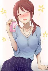 Rule 34 | 1girl, arm support, blue shirt, blush, breasts, brown hair, can, closed eyes, facing viewer, highres, holding, holding can, idolmaster, idolmaster cinderella girls, jewelry, karikura (atatata71), long hair, medium breasts, mifune miyu, necklace, shirt, simple background, sitting, skirt, solo, striped clothes, striped skirt
