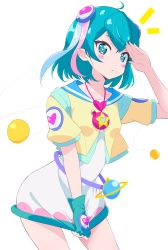 Rule 34 | 1girl, :o, ahoge, antennae, aqua eyes, aqua hair, blue hair, blush stickers, commentary, cowboy shot, dress, dress tug, fingerless gloves, gloves, hagoromo lala, heart, highres, ichijo rei, jewelry, light blue hair, looking at viewer, multicolored hair, open mouth, pendant, pink hair, planet, planetary ring, pointy ears, precure, sailor collar, salute, shaded face, short hair, simple background, solo, star (symbol), star in eye, star twinkle precure, streaked hair, symbol in eye, white background