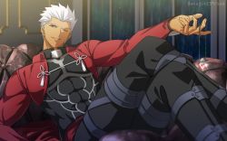 Rule 34 | 1boy, akujiki59, archer (fate), artist name, commentary request, covered abs, dark-skinned male, dark skin, fate/stay night, fate (series), glint, grey eyes, holding, holding jewelry, jewelry, crossed legs, light smile, long sleeves, male focus, muscular, muscular male, one eye closed, outstretched arm, pectorals, pendant, reclining, short hair, shrug (clothing), solo, tassel, thighs, twitter username, white hair