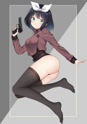 Rule 34 | 1girl, :/, absurdres, ass, belt, belt pouch, beretta 92, black hair, black leotard, black thighhighs, bow, bow hairband, breasts, brown jacket, closed mouth, cropped jacket, expressionless, feet, full body, green eyes, grey background, grey belt, gun, hairband, hand up, handgun, highres, holding, holding gun, holding weapon, jacket, legs, leotard, leotard under clothes, light blush, long sleeves, looking at viewer, medium breasts, no shoes, original, outstretched arm, pouch, short hair, solo, thighhighs, thighs, thong leotard, toes, trigger discipline, twisted torso, weapon, white bow, white hairband, zero0ex