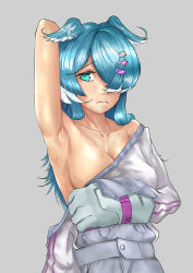 Rule 34 | 1girl, 3:, absurdres, arm behind head, armpits, blue eyes, blue hair, blush, breasts, cleavage, closed mouth, elira pendora, elira pendora (1st costume), embarrassed, gloves, grey jumpsuit, hair ornament, hair over one eye, hairclip, head wings, highres, jumpsuit, large breasts, long hair, looking at viewer, multicolored hair, nijisanji, nijisanji en, noone twothree, one eye covered, presenting armpit, single glove, slit pupils, solo, sweat, two-tone hair, upper body, virtual youtuber, wings