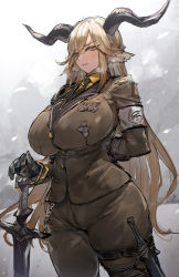 Rule 34 | 1girl, absurdres, animal ears, arknights, arm behind back, armband, black gloves, blonde hair, breasts, brown jacket, brown pants, c.cu, cowboy shot, curvy, day, degenbrecher (arknights), female focus, gloves, goat ears, goat girl, goat horns, highres, holding, holding sword, holding weapon, horns, jacket, large breasts, long hair, looking at viewer, medal, military, military jacket, military uniform, outdoors, pants, parted lips, snowing, solo, sword, thigh strap, uniform, v-shaped eyebrows, very long hair, weapon, yellow eyes
