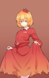 Rule 34 | 1girl, aki shizuha, blonde hair, brown background, buttons, closed mouth, clothes lift, commentary, gradient skirt, hair ornament, highres, kakone, leaf hair ornament, lifting own clothes, long sleeves, looking at viewer, one-hour drawing challenge, orange eyes, red shirt, shirt, short hair, simple background, skirt, skirt lift, smile, solo, touhou