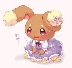 Rule 34 | blush, buneary, clothed pokemon, commentary request, creatures (company), dress, floral print, flying sweatdrops, frills, game freak, gen 4 pokemon, highres, looking down, neck ribbon, nintendo, no humans, open mouth, pokemon, pokemon (creature), purple dress, purple ribbon, ribbon, shii (no-va could), signature, sitting, solo, tongue