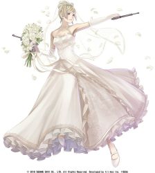 Rule 34 | 1girl, armpits, artist request, bare shoulders, blonde hair, blue eyes, bouquet, breasts, company connection, copyright name, dress, dual wielding, earrings, elbow gloves, end of eternity, flower, full body, gloves, gun, handgun, holding, holding weapon, jewelry, medium breasts, official art, petals, reanbell, simple background, smile, solo, tiara, veil, weapon, wedding dress, white background, white dress, white gloves