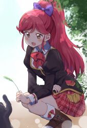 Rule 34 | 1girl, aikatsu!, aikatsu! (series), boots, bow, cat, collared shirt, commentary request, hair bow, long hair, mukuba, open mouth, otoshiro seira, outdoors, pleated skirt, ponytail, puffy sleeves, red hair, red skirt, school uniform, shirt, skirt, solo, squatting