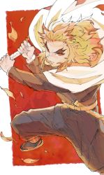 Rule 34 | 1boy, cape, closed mouth, fire, forked eyebrows, highres, holding, holding sword, holding weapon, japanese clothes, kimetsu no yaiba, long hair, long sleeves, looking at viewer, male focus, multicolored hair, mumu vosp, orange hair, red eyes, red hair, rengoku kyoujurou, simple background, solo, sword, thick eyebrows, weapon, white cape
