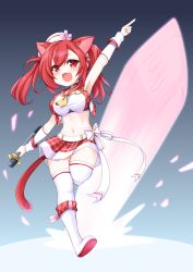 Rule 34 | 1girl, :d, absurdres, alternate costume, animal ear fluff, animal ears, arm warmers, armpits, azur lane, bare shoulders, belt, black choker, blush, boots, breasts, cat ears, cat tail, choker, commentary request, crop top, fang, full body, groin, hair between eyes, hat, highres, holding, holding microphone, i-19 (azur lane), index finger raised, kinomiki nobori, knee boots, large breasts, long hair, looking at viewer, microphone, midriff, mini hat, navel, neckerchief, open mouth, plaid, plaid skirt, pointing, pointing up, red eyes, red hair, red sailor collar, red skirt, sailor collar, shirt, sidelocks, skin fang, skindentation, skirt, smile, solo, standing, standing on one leg, tail, taut clothes, taut shirt, thighhighs, twintails, white belt, white footwear, white hat, white shirt, white thighhighs, wrist cuffs, yellow neckerchief, zettai ryouiki