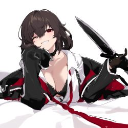 Rule 34 | 1girl, absurdres, black bra, black gloves, black hair, bra, breasts, cleavage, collarbone, counter:side, gloves, hand on own cheek, hand on own face, highres, joo shiyoung, knife, long sleeves, necktie, one eye closed, padlock, padlocked collar, red eyes, shisantian, solo, underwear, white background