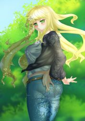 Rule 34 | 1girl, ass, belt, black jacket, blonde hair, blue sky, blush, breasts, crop top, crop top overhang, dappled sunlight, day, denim, eyelashes, green eyes, hair blowing, hand on own ass, helium peter, highres, jacket, jeans, large breasts, leaf, long hair, looking at viewer, looking back, original, pants, shade, sky, smile, solo, sparkle, sunlight, thighs, tree, very long hair