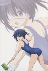 Rule 34 | 10s, 1girl, :o, absurdres, ahoge, ass, bandaged arm, bandages, bare shoulders, black hair, blue eyes, breasts, broom, chuunibyou demo koi ga shitai!, cleaning brush, eyepatch, feet out of frame, female focus, hair ribbon, highres, holding, legs apart, looking at viewer, one-piece swimsuit, open mouth, ribbon, school swimsuit, short hair, side ponytail, simple background, small breasts, solo, swimsuit, takanashi rikka, white background, zoom layer