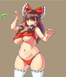 Rule 34 | 1girl, absurdres, alternate breast size, alternate costume, ascot, bare shoulders, bow, breasts, brown background, brown hair, closed mouth, cowboy shot, frilled ascot, frilled bow, frilled hair tubes, frills, hair between eyes, hair bow, hair tubes, hakurei reimu, highres, large breasts, long hair, navel, nipple slip, nipples, panties, pout, profitshame, red bow, red panties, ribbon-trimmed thighhighs, ribbon trim, simple background, solo, thighhighs, touhou, underwear, v-shaped eyebrows, water gun, white thighhighs, yellow ascot