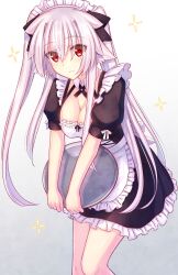 Rule 34 | absurdres, apron, black dress, breasts, cleavage, closed mouth, commentary request, dress, feet out of frame, frilled apron, frilled dress, frills, gradient background, grey background, grey hair, hair between eyes, highres, holding, holding tray, maid, maid headdress, medium breasts, murasame shia, original, puffy short sleeves, puffy sleeves, red eyes, short sleeves, solo, standing, tray, twintails, white apron, white background