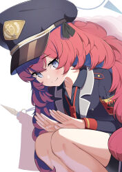 Rule 34 | 1girl, black hat, black shirt, black skirt, blue archive, blue halo, blush, closed mouth, collared shirt, feet out of frame, halo, hat, highres, iroha (blue archive), long hair, long sleeves, necktie, peaked cap, purple eyes, red hair, red necktie, rindou ringdong, shirt, simple background, skirt, smile, solo, white background